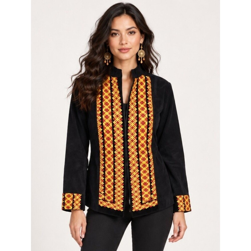 NWOT stylish women's embroidered long sleeve jacket shirt blouse, M,black yellow